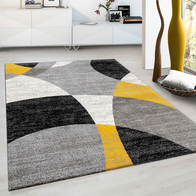 Teppich kurzflor Geometrisches Kreis-Muster Meliert Gelb Grau für Wohnzimmer, Schlafzimmer, küche