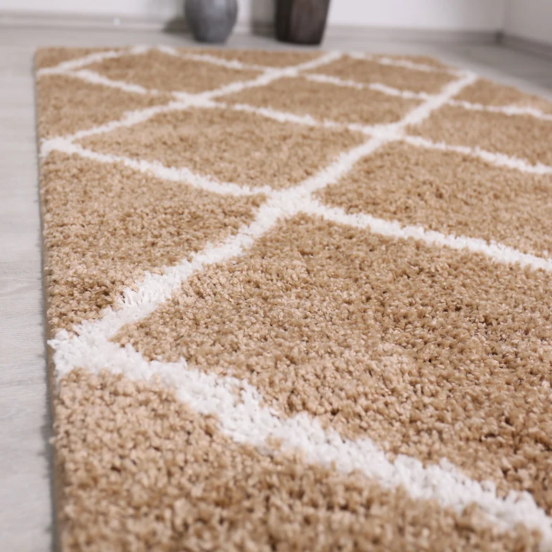Hochflor Teppich Wohnzimmer Shaggy Rauten Muster Beige Creme Skandinavischer Stil Weich Robust