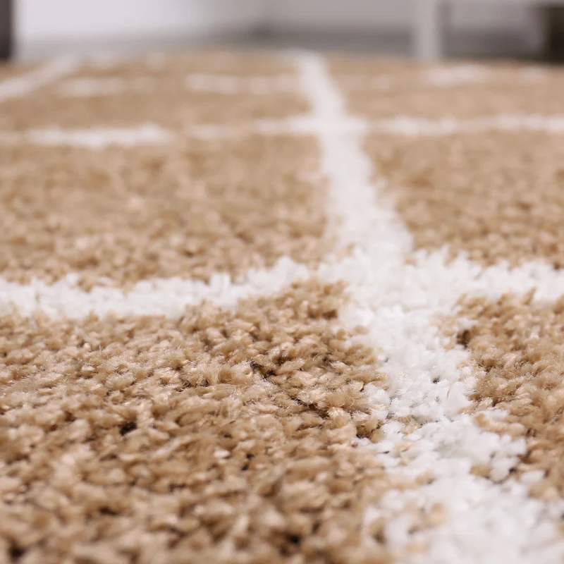 Hochflor Teppich Wohnzimmer Shaggy Rauten Muster Beige Creme Skandinavischer Stil Weich Robust