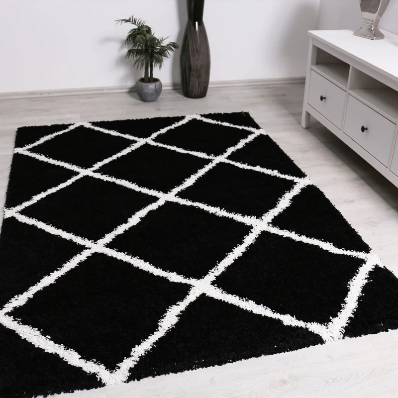 Hochflor Teppich Wohnzimmer Shaggy Rautenmuster Schwarz Creme Skandi Design Weich Ethno