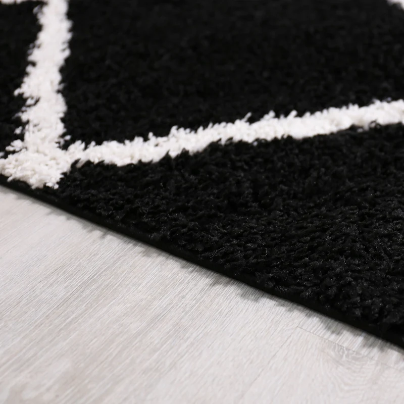 Hochflor Teppich Wohnzimmer Shaggy Rautenmuster Schwarz Creme Skandi Design Weich Ethno