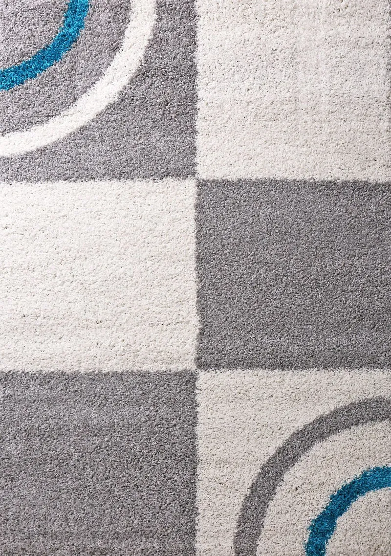 Wohnzimmer Teppich Hochflor Shaggy Deko kariert streifen Turkis Creme Grau Pflegeleicht Modern