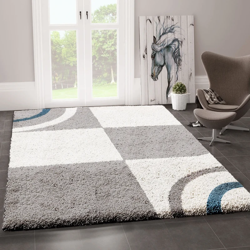 Wohnzimmer Teppich Hochflor Shaggy Deko kariert streifen Turkis Creme Grau Pflegeleicht Modern
