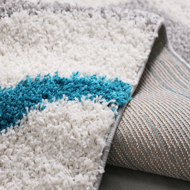 Wohnzimmer Teppich Hochflor Shaggy Deko kariert streifen Turkis Creme Grau Pflegeleicht Modern