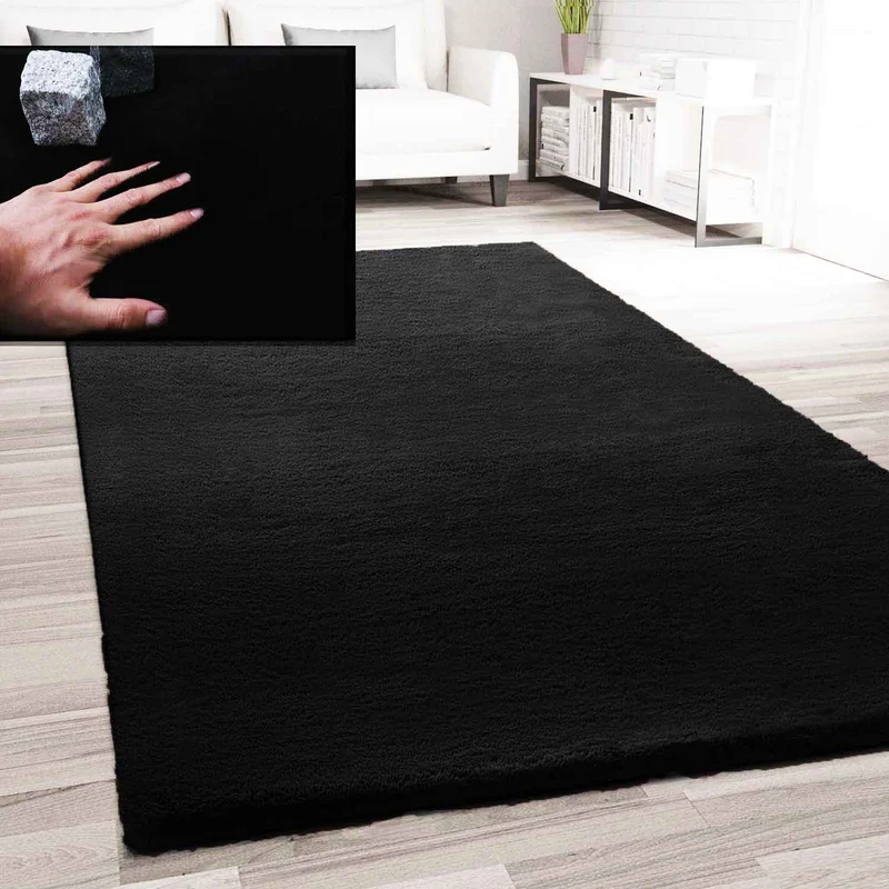 Fellteppich Kunstfell Teppich Imitat in Schwarz Dicht Flauschig Seidiger Glanz
