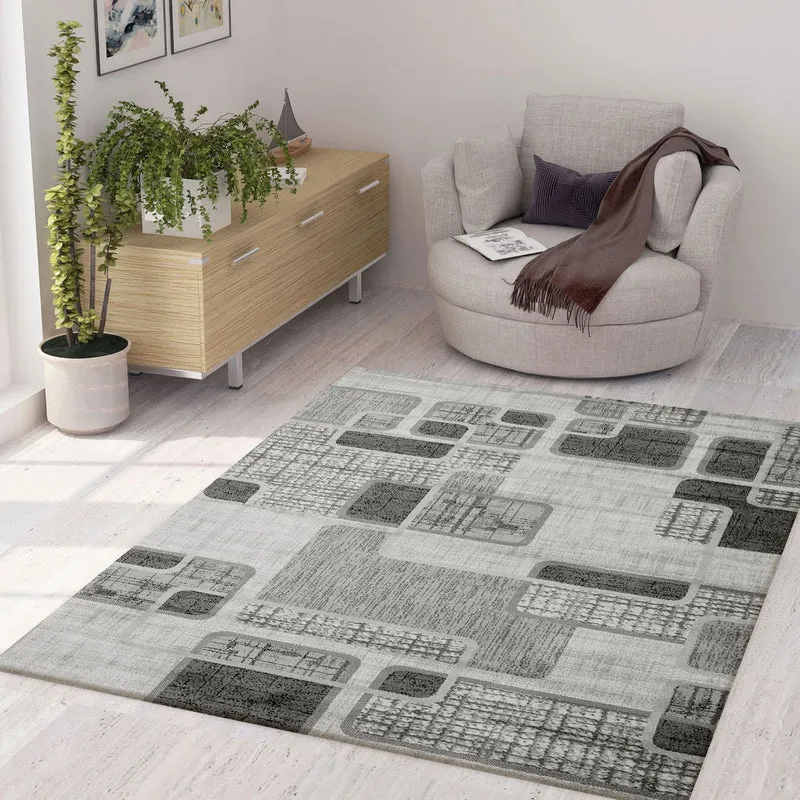 Teppich Kurzflor Modern Kariert Retro geometrisches Muster Meliert in Grau für Wohnzimmer, Schlafzimmer