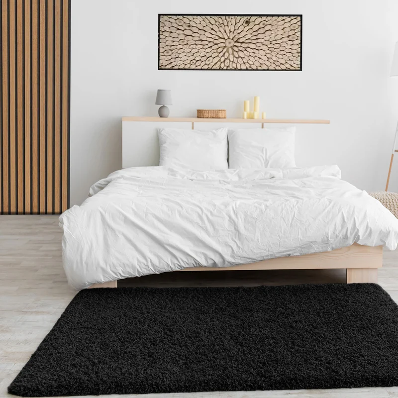 Prime Shaggy Hochflor Langflor Teppich Einfarbig Modern Schwarz für Wohnzimmer, Schlafzimmer