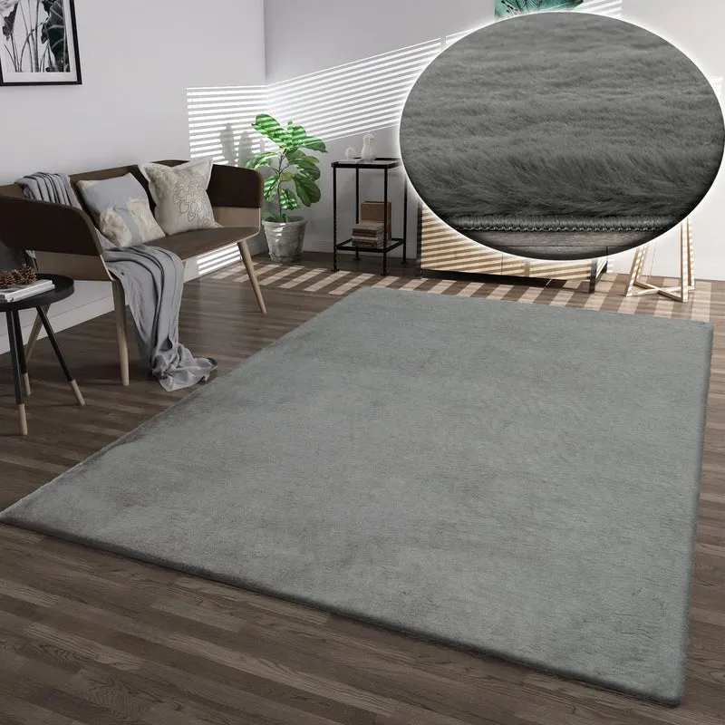 Fellteppich Kunstfell Teppich Imitat in Grau Dicht Flauschig Seidiger Glanz Hochflor