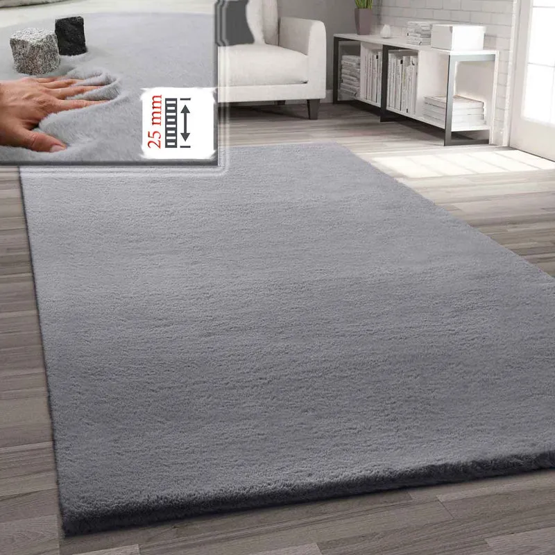 Fellteppich Kunstfell Teppich Imitat in Grau Dicht Flauschig Seidiger Glanz Hochflor