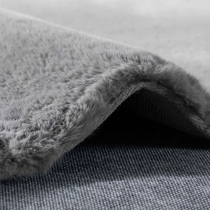 Fellteppich Kunstfell Teppich Imitat in Grau Dicht Flauschig Seidiger Glanz Hochflor