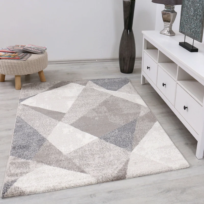 Teppich Geometrische Muster Marmor Optik Modern Grau Beige Meliert