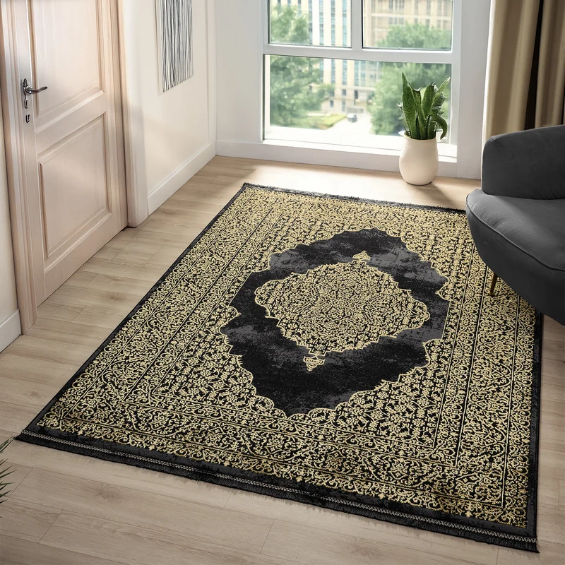 Teppich Wohnzimmer mit Ornament-Muster Elegant goldenes Akzent, Hochwertig-Pflegeleicht-Qualitativ