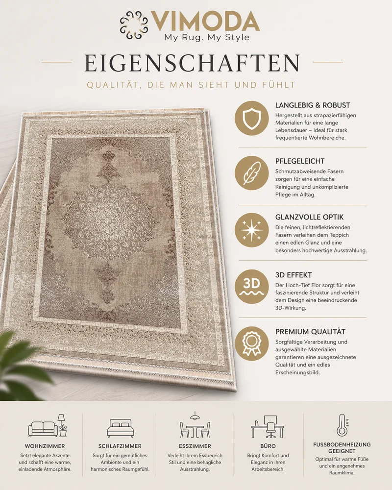 Teppich Kurzflor Moderner Teppich mit Ornament-Muster – Pflegeleicht & Robust – Für Fußbodenheizung geeignet