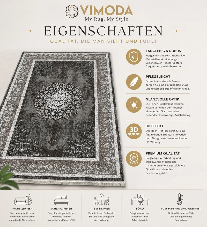 Teppich Kurzflor Moderner Teppich mit Ornament-Muster – Pflegeleicht & Robust – Für Fußbodenheizung geeignet