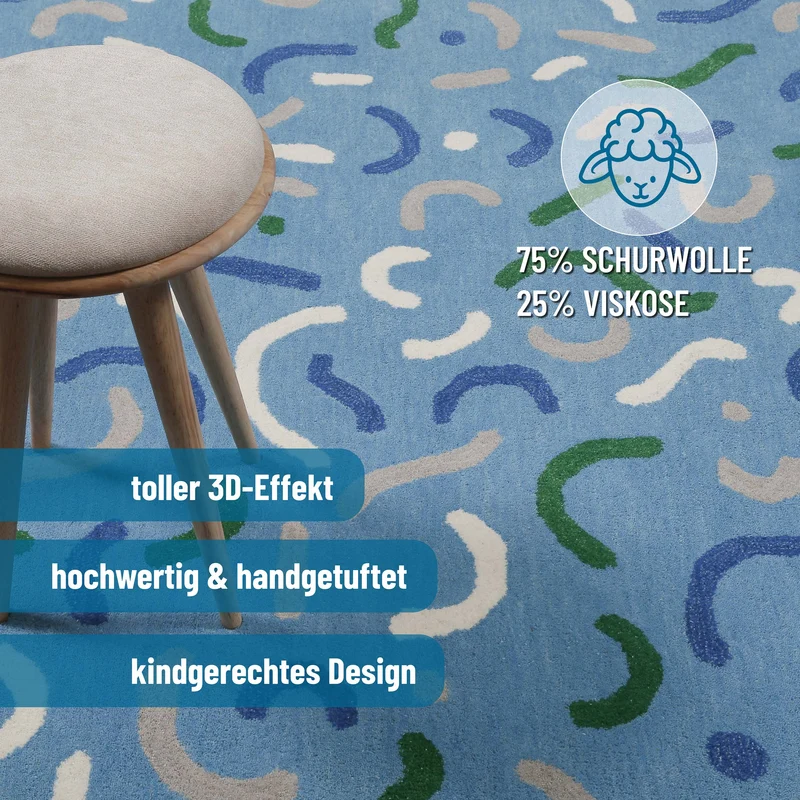 Kinderteppich aus Schurwolle Blau Grün "Confetti" Smart Kids