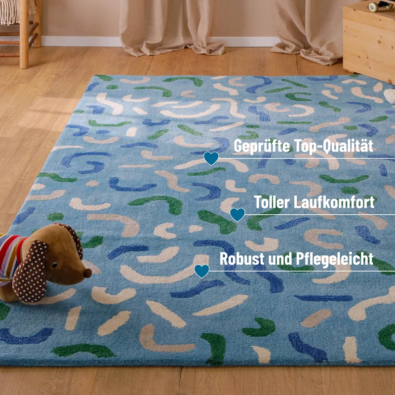 Kinderteppich aus Schurwolle Blau Grün "Confetti" Smart Kids