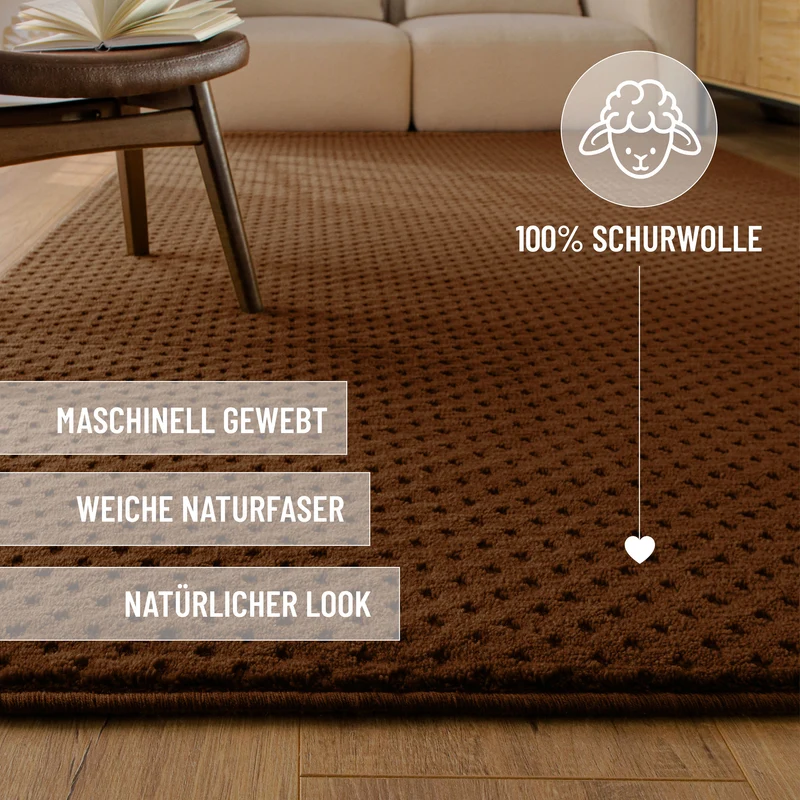 Kurzflor Teppich aus Schurwolle Braun "Castello THREE" WECONhome