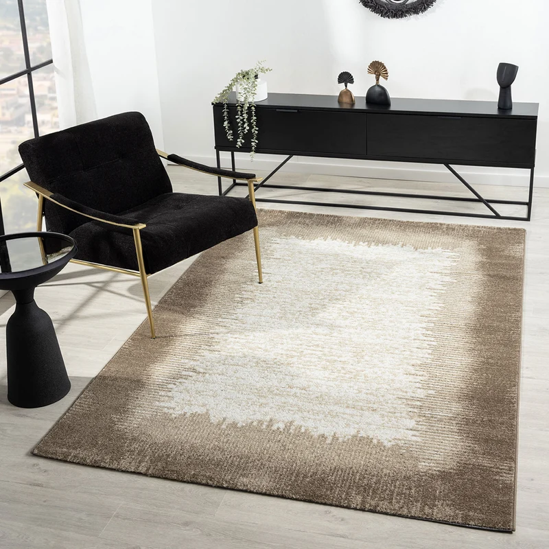 Teppich Wohnzimmer kurzflor Muster Kanten Qualität- Soft Grau / Beige für , Schlafzimmer