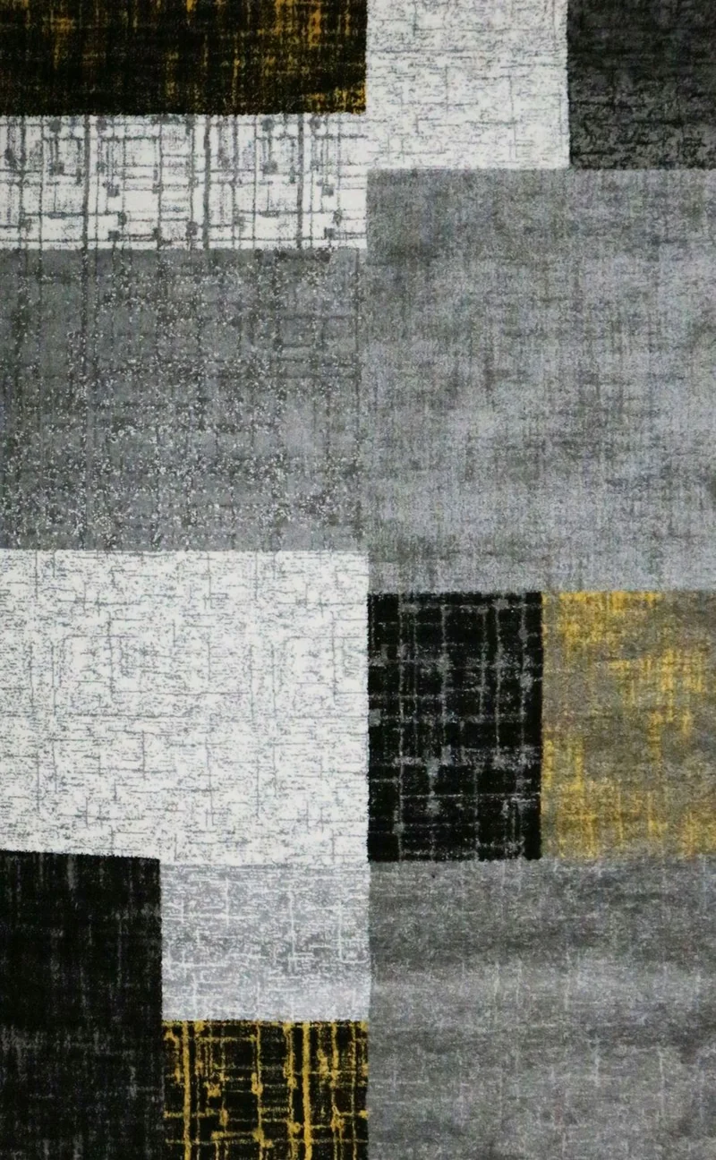 Designer Teppich Kurzflor Moderner Wohnzimmer in Gelb, Grau und Weiß mit Kachel Optik