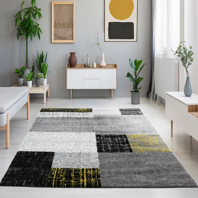 Designer Teppich Kurzflor Moderner Wohnzimmer in Gelb, Grau und Weiß mit Kachel Optik