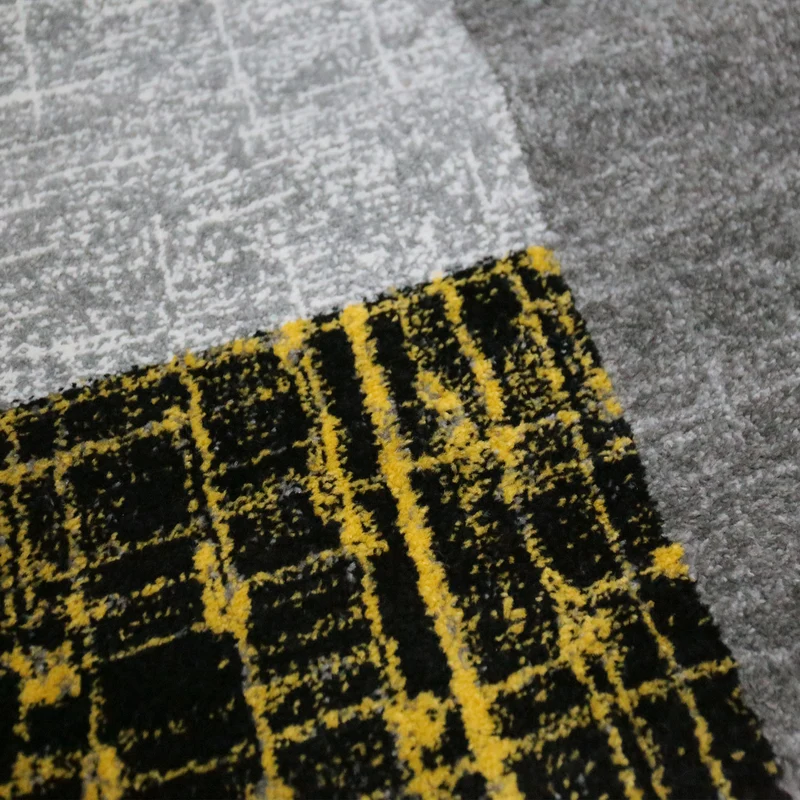 Designer Teppich Kurzflor Moderner Wohnzimmer in Gelb, Grau und Weiß mit Kachel Optik