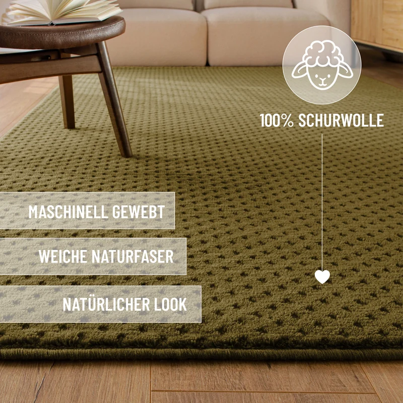 Kurzflor Teppich aus Schurwolle Oliv Grün "Castello THREE" WECONhome