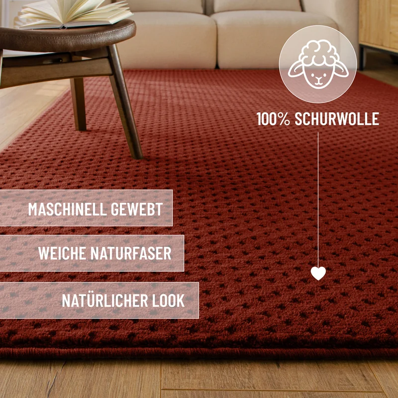 Kurzflor Teppich aus Schurwolle Purpur Rot "Castello THREE" WECONhome