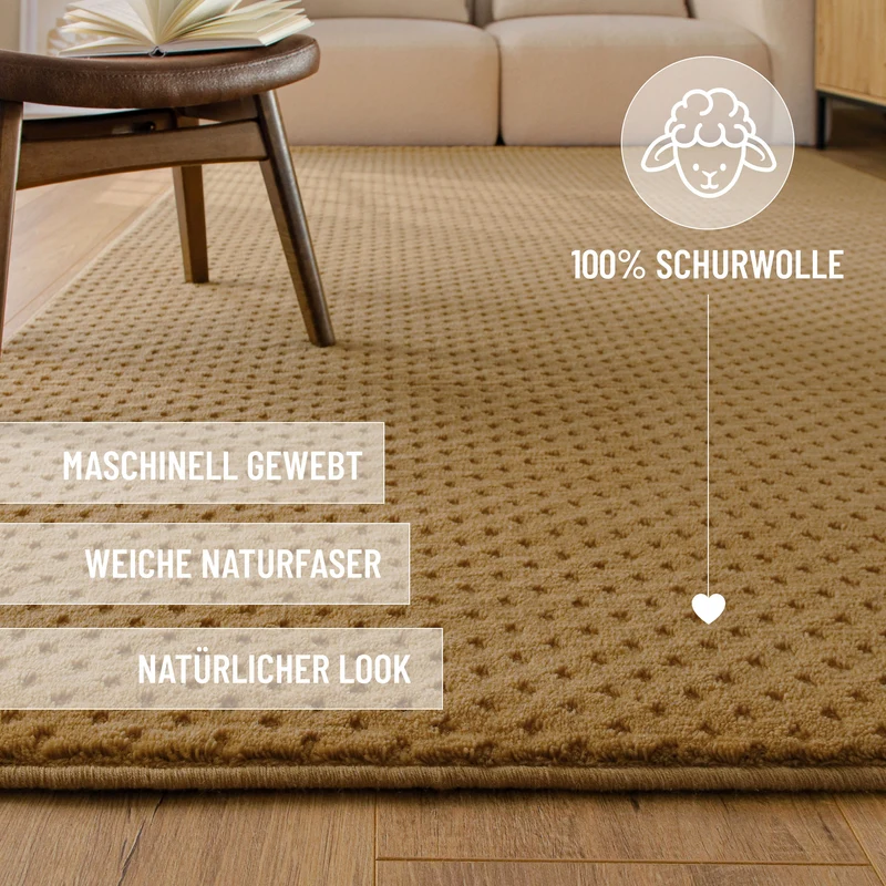 Kurzflor Teppich aus Schurwolle Karamell "Castello THREE" WECONhome