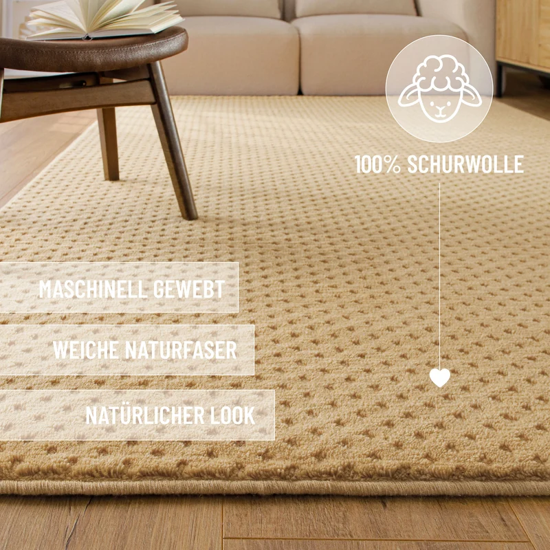 Kurzflor Teppich aus Schurwolle Sand Beige "Castello THREE" WECONhome