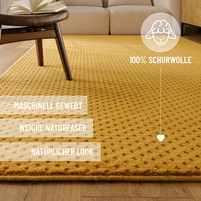 Kurzflor Teppich aus Schurwolle Gelb "Castello THREE" WECONhome