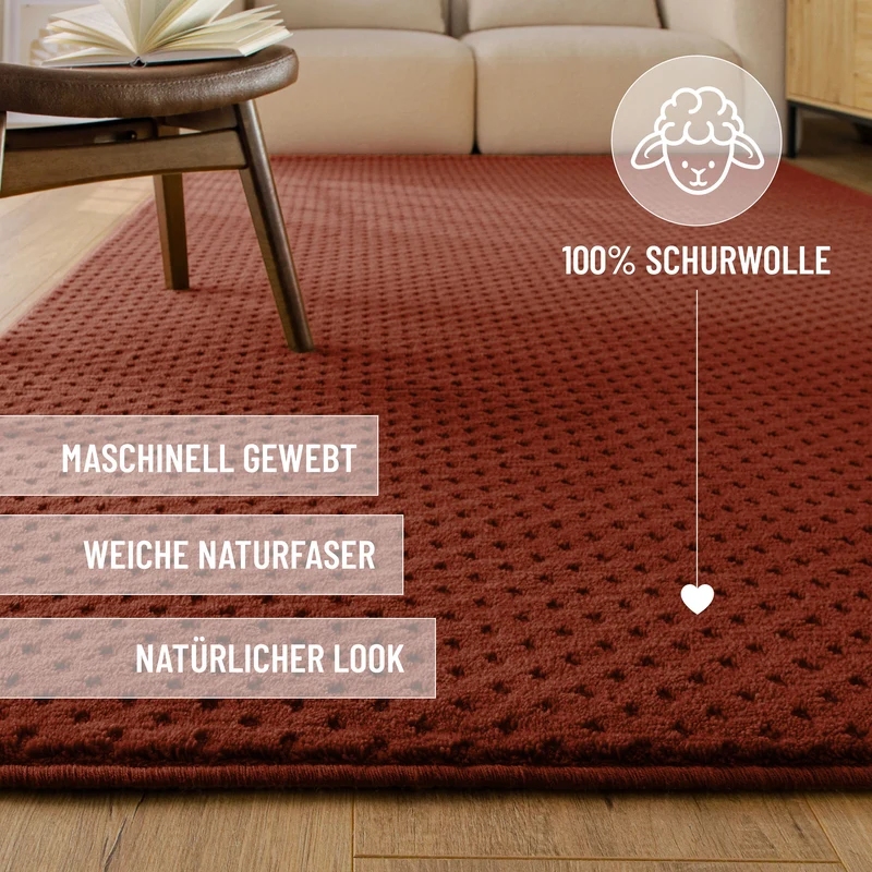 Kurzflor Teppich aus Schurwolle Kamin Rot "Castello THREE" WECONhome