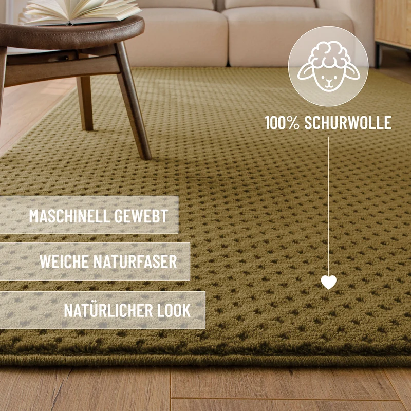 Kurzflor Teppich aus Schurwolle Blass Grün "Castello THREE" WECONhome