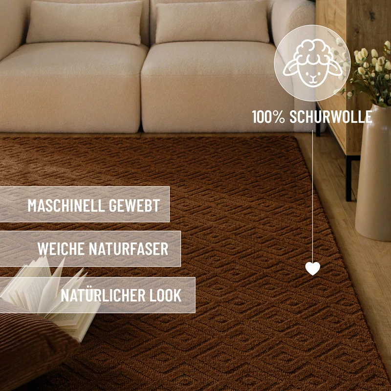 Kurzflor Teppich aus Schurwolle Braun "Castello TWO" WECONhome