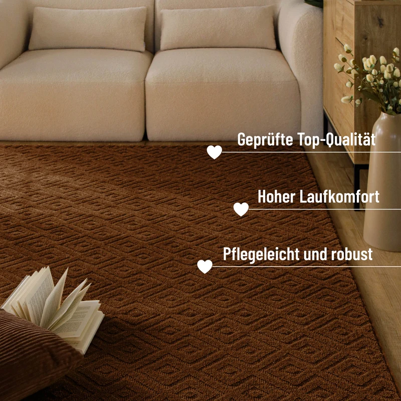 Kurzflor Teppich aus Schurwolle Braun "Castello TWO" WECONhome