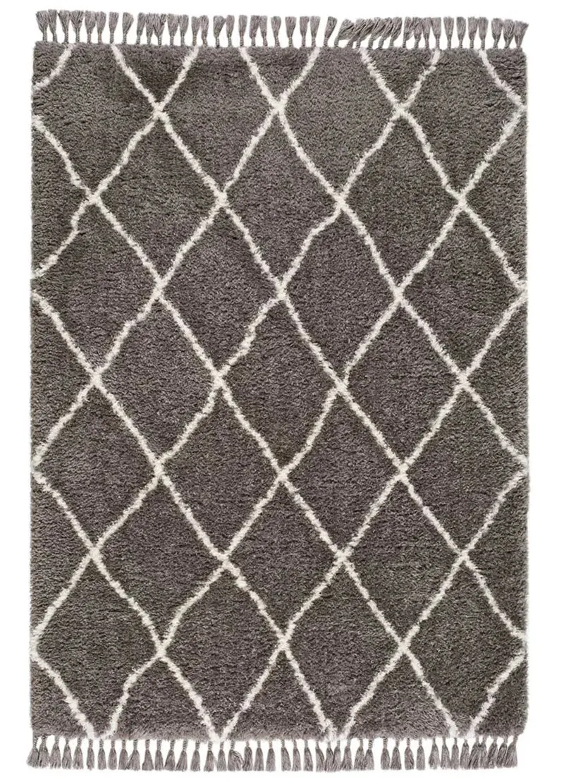 Alfombra shaggy con flecos Samira 80075 Gris y Blanco