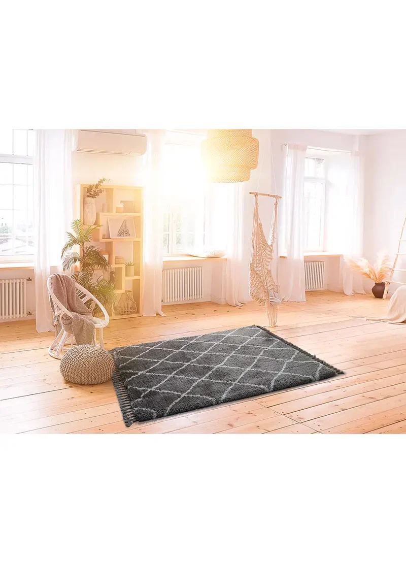 Alfombra shaggy con flecos Samira 80075 Gris y Blanco