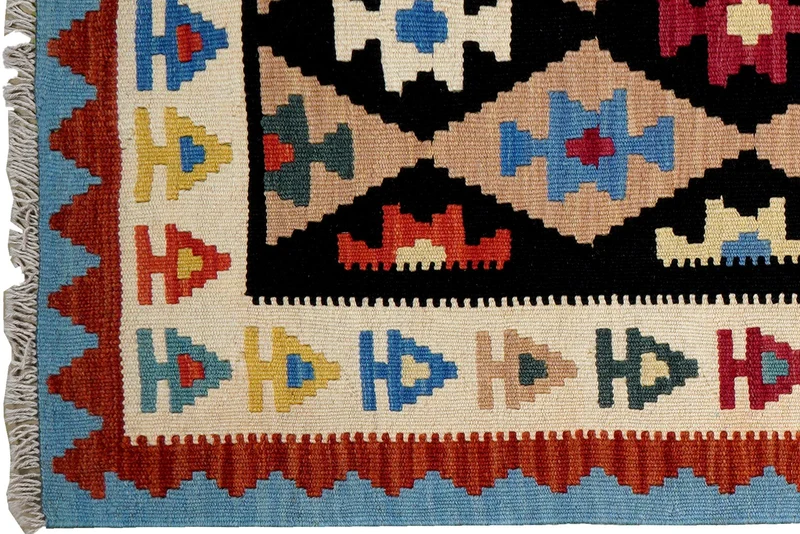 Kelim Gashgai · Handgewebt – Schwarz, 295x88 cm