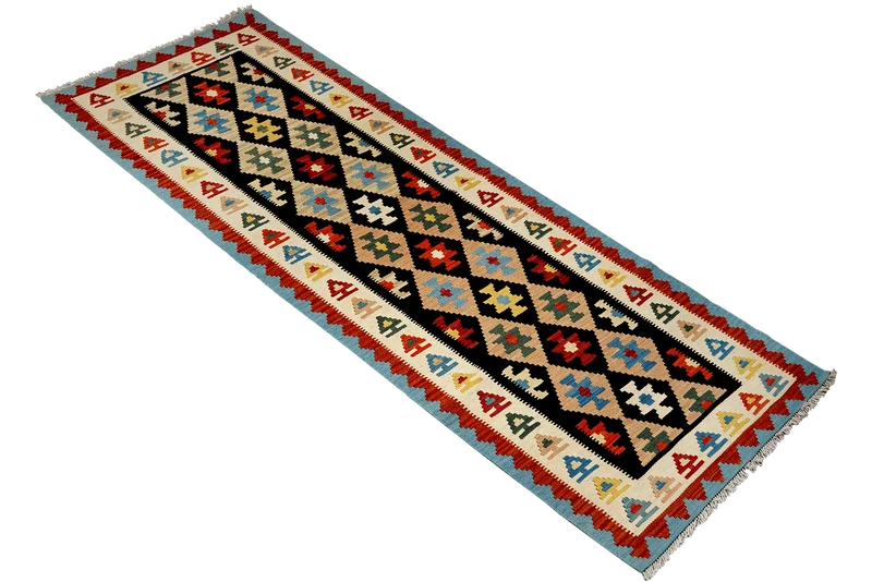 Kelim Gashgai · Handgewebt – Schwarz, 295x88 cm