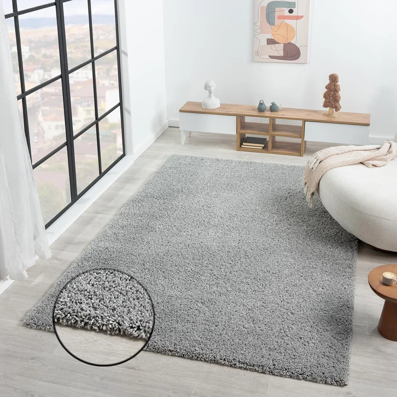 Teppich Prime Shaggy Hochflor Einfarbig Grau Weich für Wohnzimmer, Schlafzimmer, küche