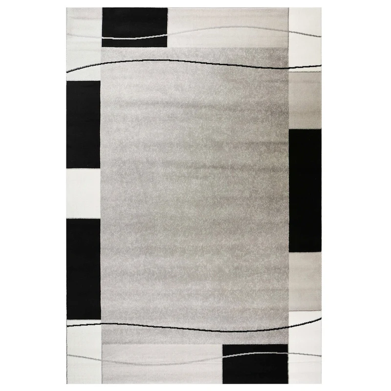 Teppich kurzflor Modern Retro Stil mit Bordüre Grau Schwarz Weiß für Wohnzimmer, Schlafzimmer, kinderzimmer