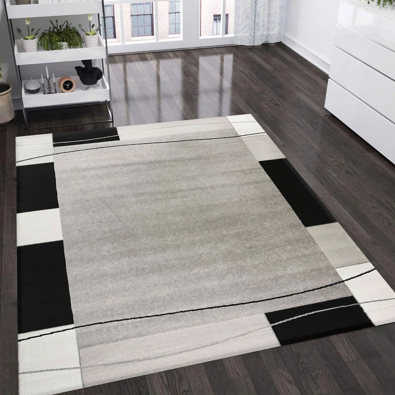 Teppich kurzflor Modern Retro Stil mit Bordüre Grau Schwarz Weiß für Wohnzimmer, Schlafzimmer, kinderzimmer