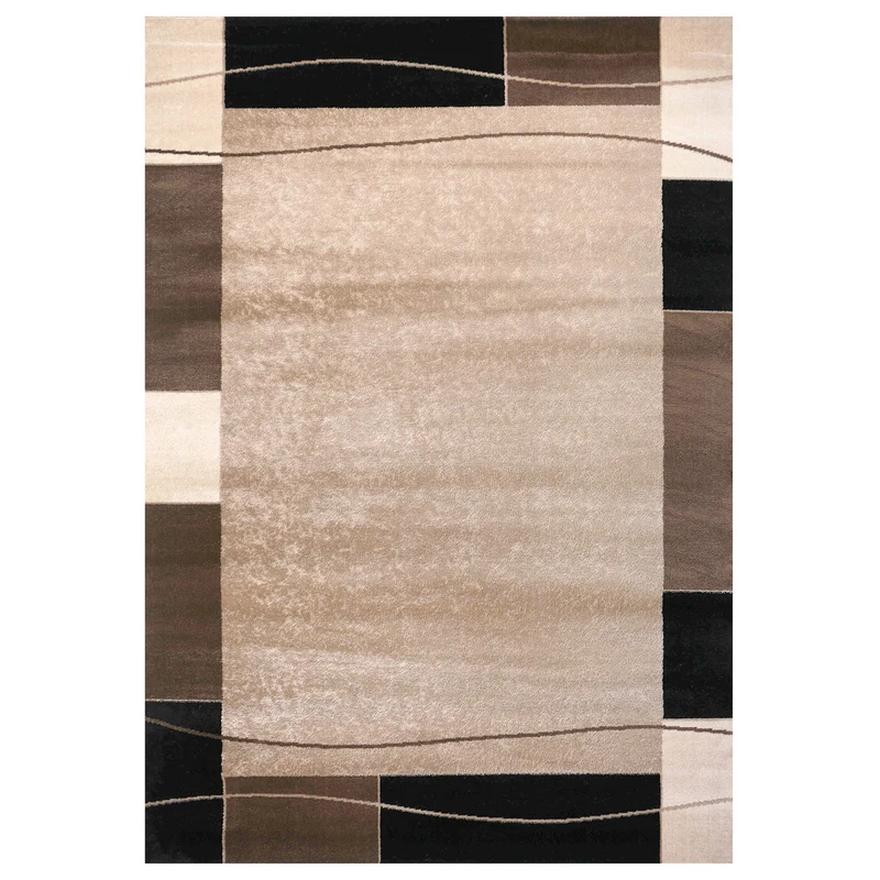 Teppich kurzflor Modern Retro Stil mit Bordüre Braun Beige Schwarz für Wohnzimmer, Schlafzimmer, kinderzimmer