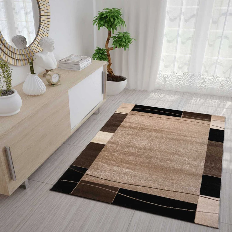 Teppich kurzflor Modern Retro Stil mit Bordüre Braun Beige Schwarz für Wohnzimmer, Schlafzimmer, kinderzimmer