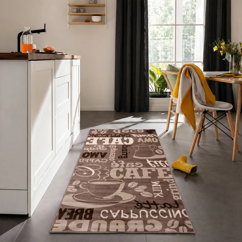 Küchenteppich Teppichläufer Coffee Modern Kaffee Design in Braun Beige Teppich für Lounge oder Küche