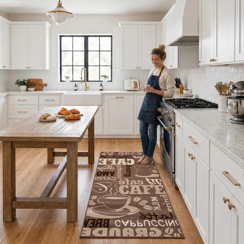 Küchenteppich Teppichläufer Coffee Modern Kaffee Design in Braun Beige Teppich für Lounge oder Küche