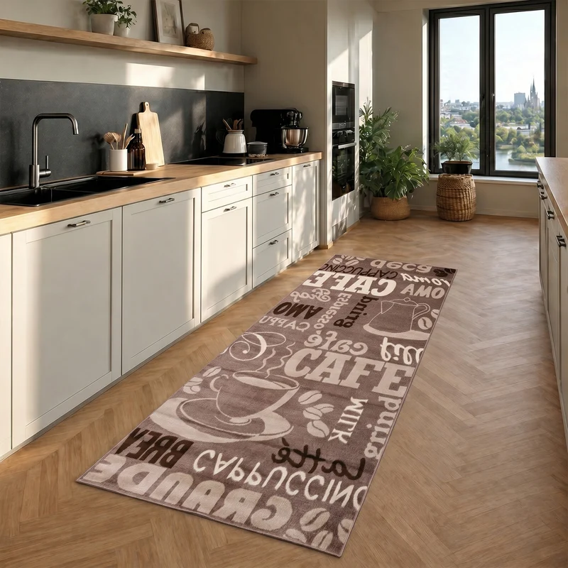 Küchenteppich Teppichläufer Coffee Modern Kaffee Design in Braun Beige Teppich für Lounge oder Küche