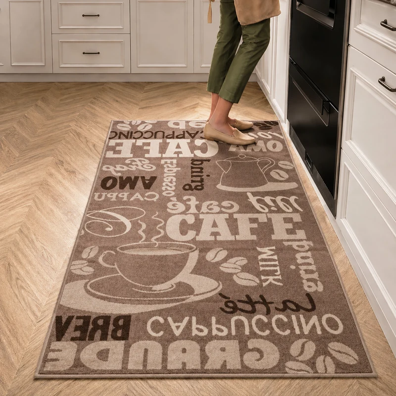 Küchenteppich Teppichläufer Coffee Modern Kaffee Design in Braun Beige Teppich für Lounge oder Küche