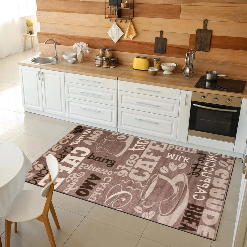 Küchenteppich Teppichläufer Coffee Modern Kaffee Design in Braun Beige Teppich für Lounge oder Küche