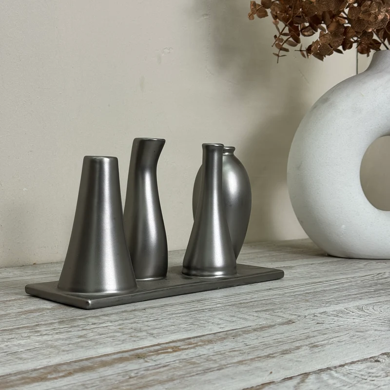 Mehrfach-Vase 4 Öffnungen Röhrenvase Tischdeko Metall Silber Vase Gebraucht