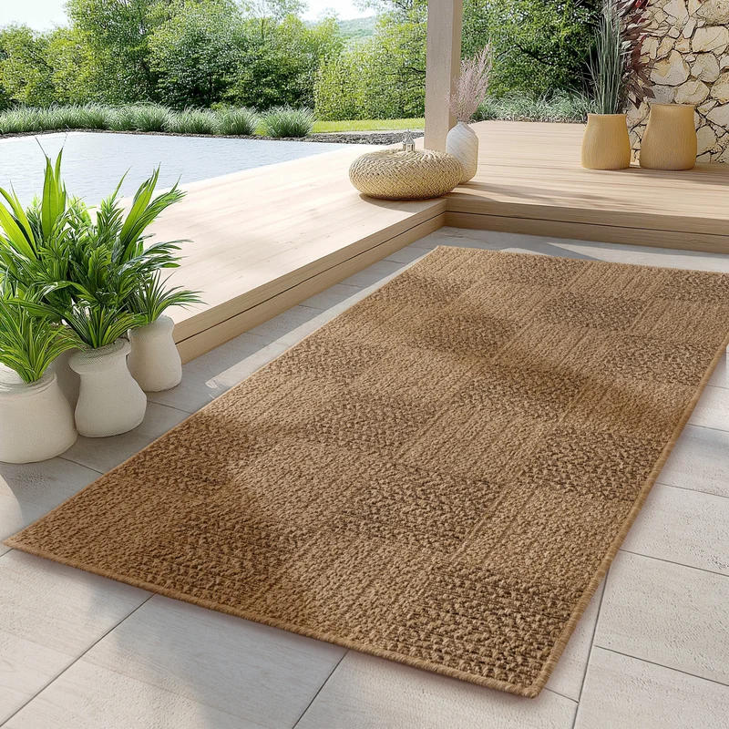 Carpettex Outdoor Teppich Karo Wetterfest Waschbar Natur Optik